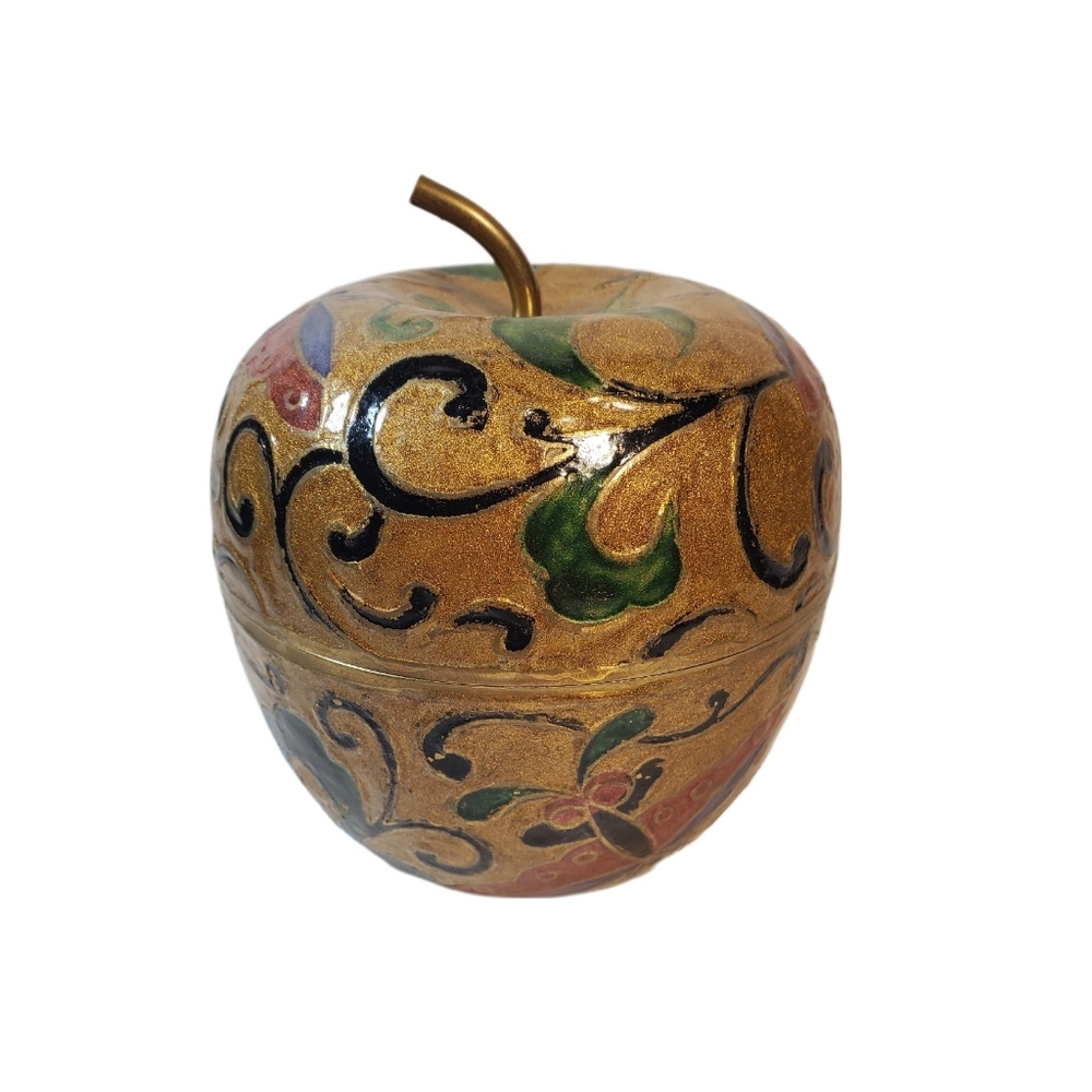 Penco Vintage Cloisonne Solid Enameled Etched Lidded Brass Apple Trinket Box